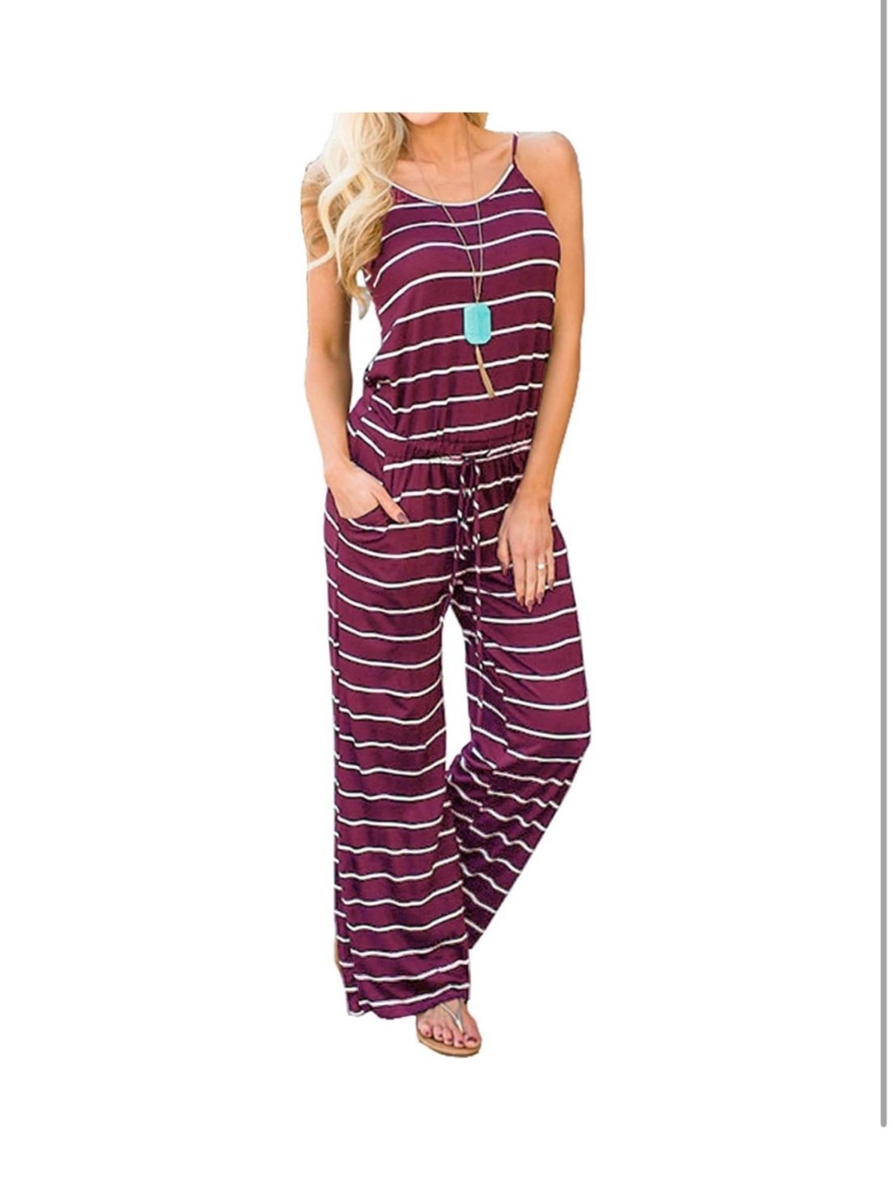 Striped Sleeveless Wide-Leg Burgundy Jumpsuit